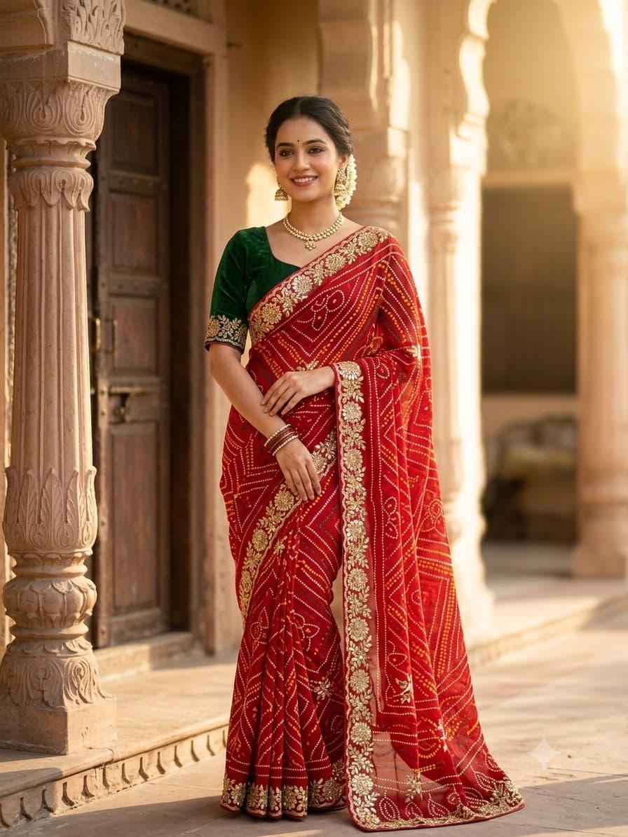 Model wearing an ABC red Bandhani silk saree with gold zari border, styled with a green velvet blouse